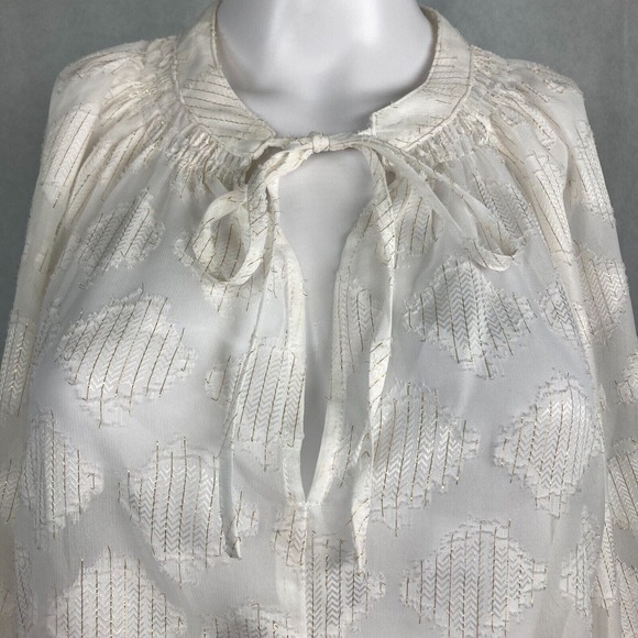 Bishop + Young Shirt Womens Sz XS White Gold Metallic‎ Sheer Pullover Peasant - Picture 2 of 8